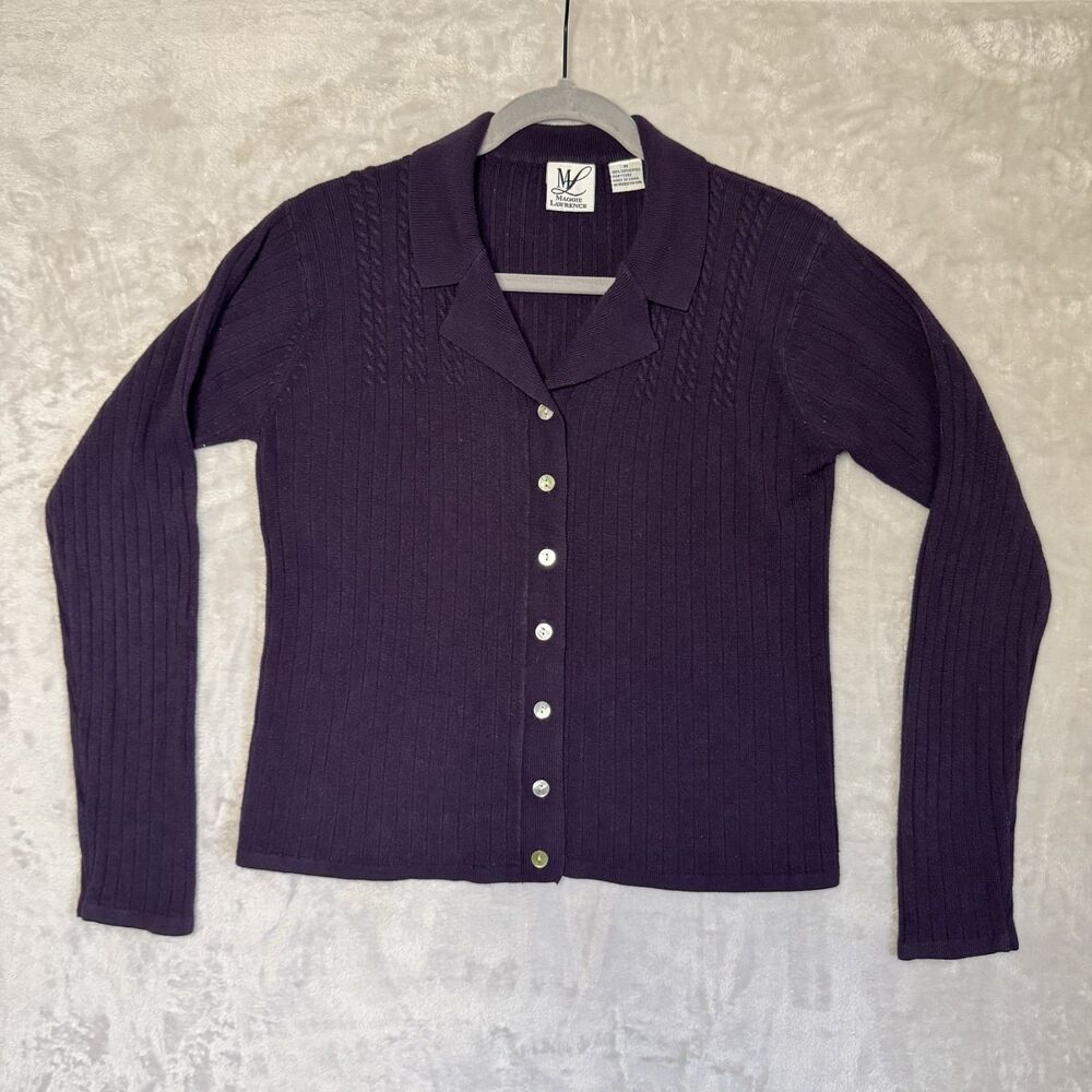 Vintage 90s Purple Sweater Medium Womens Dark Academia Ribbed Knit Collar Button